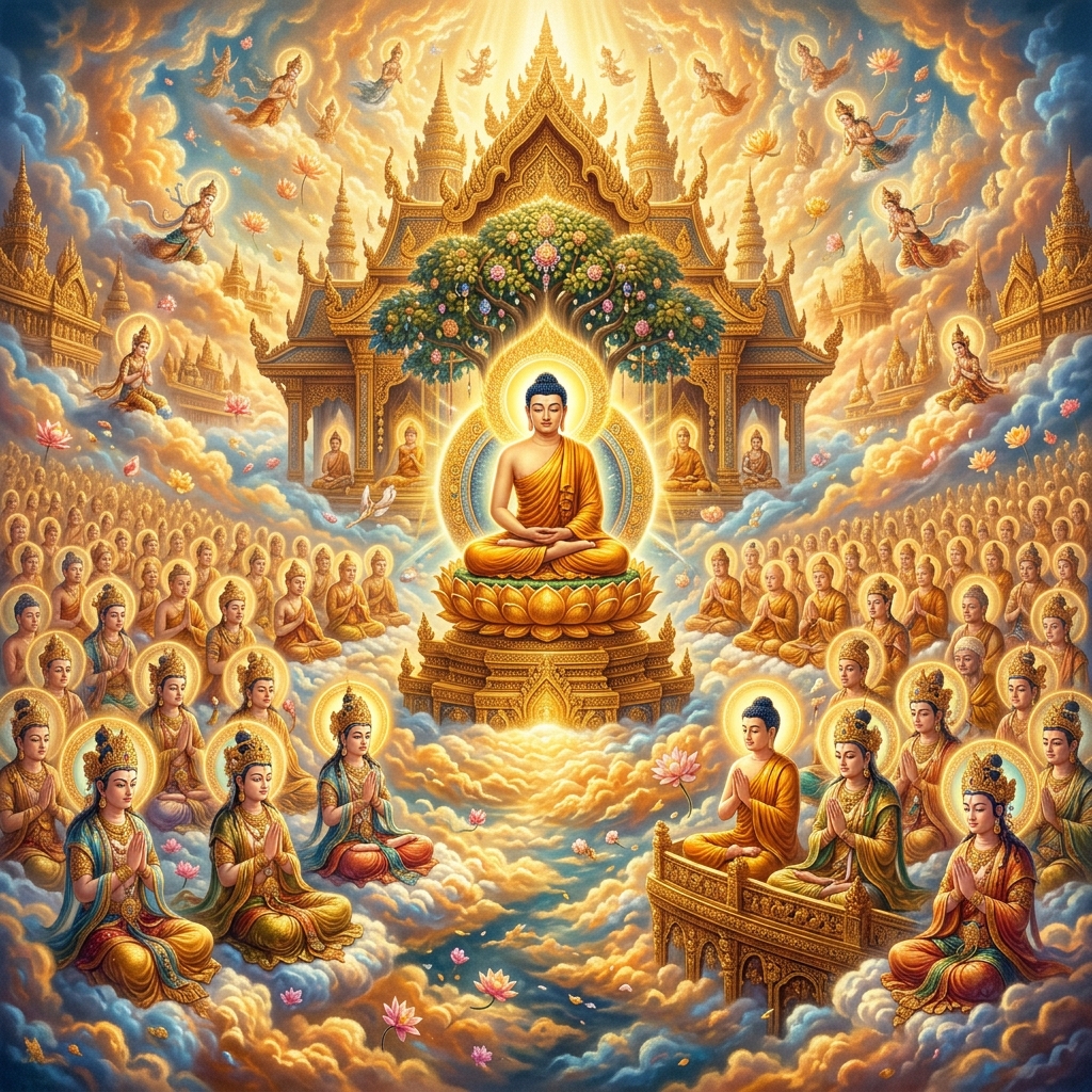 釋迦牟尼佛在忉利天宮為母說法，十方無量世界諸佛菩薩皆來集會。