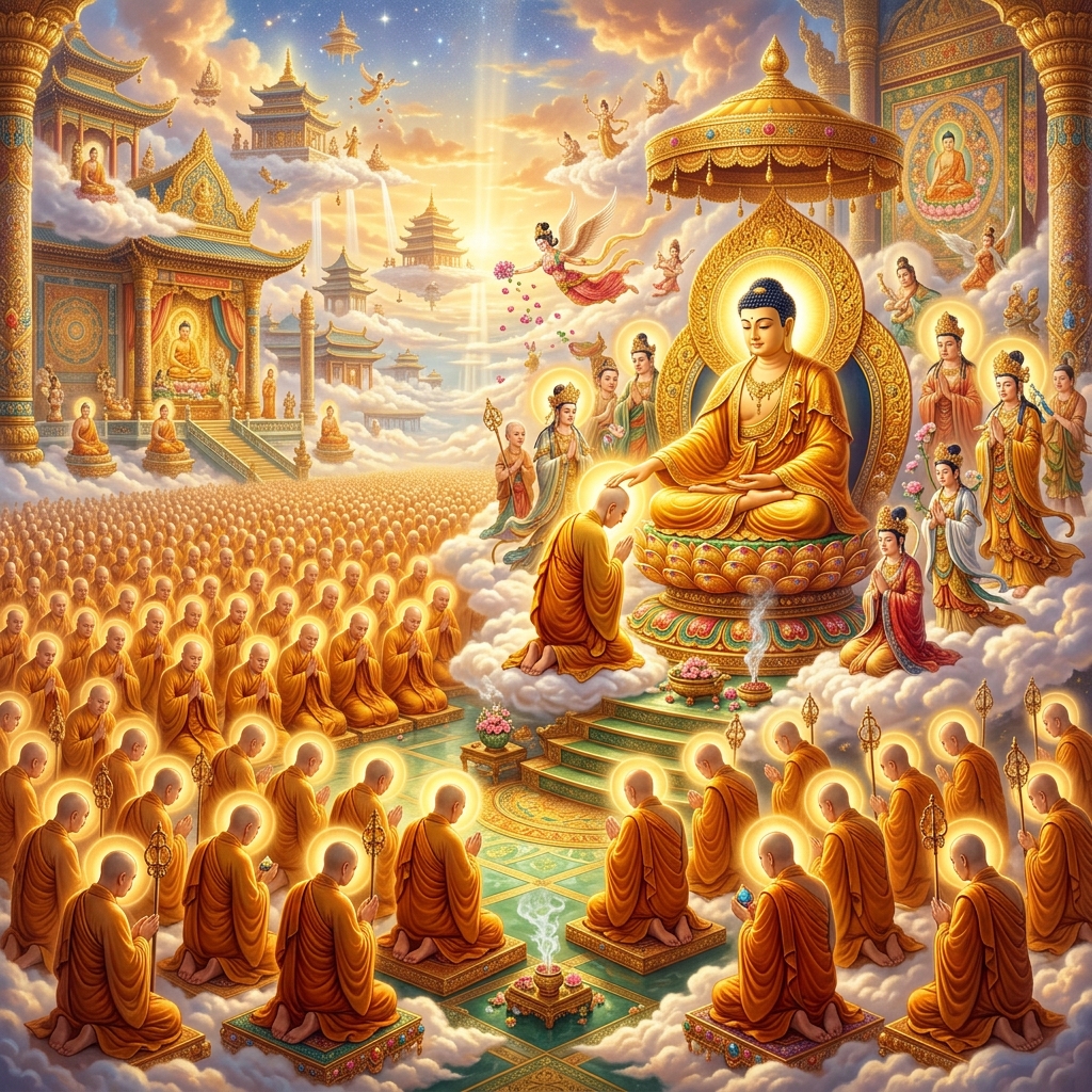 地藏菩薩無量分身與百千萬億化身從六道中集於忉利天宮，受佛摩頂委付。
