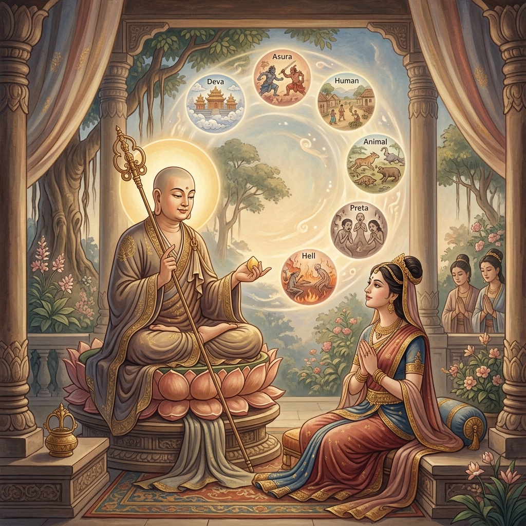 地藏菩薩向摩耶夫人詳述眾生造業罪報與地獄苦難情形。