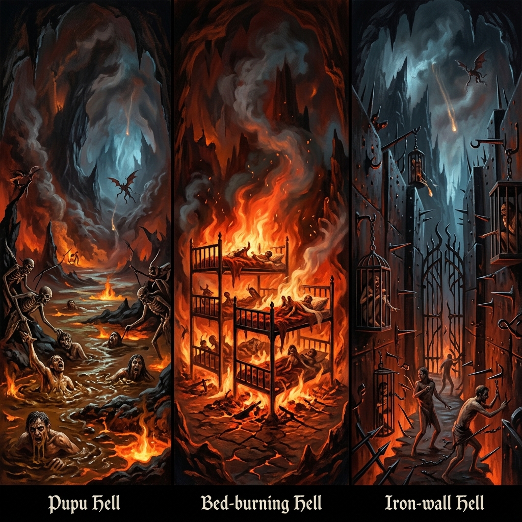 地藏菩薩向普賢菩薩說明各地獄的名號與刑罰，警示眾生勿造惡業。