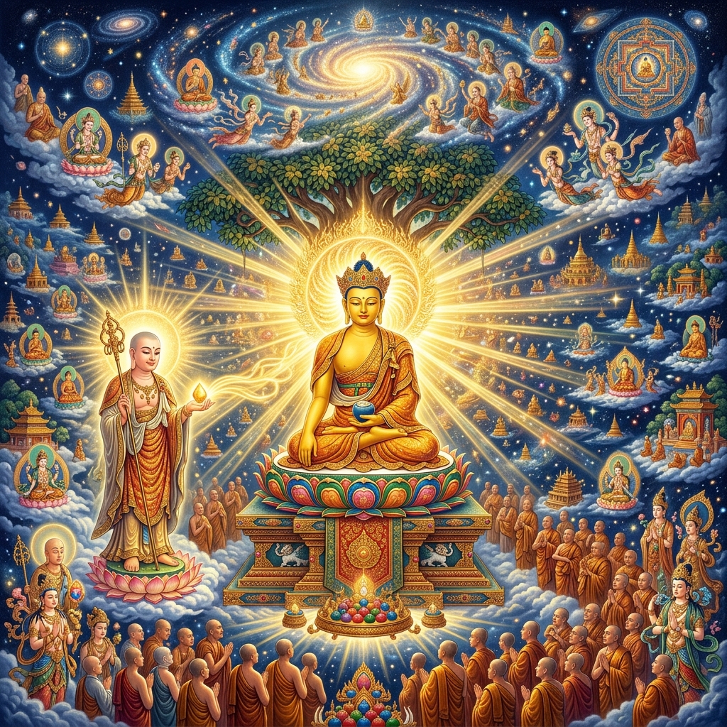 釋迦牟尼佛放光普照，稱揚讚歎地藏菩薩的不可思議威神力量與利益。