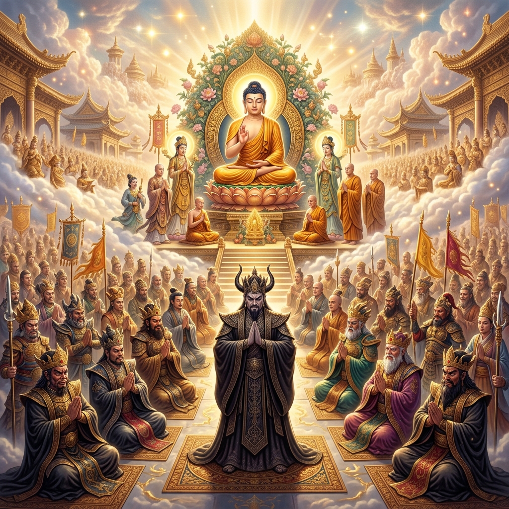 閻羅天子與無量鬼王齊聚忉利天宮，請問佛陀關於地藏菩薩救度眾生的因緣。