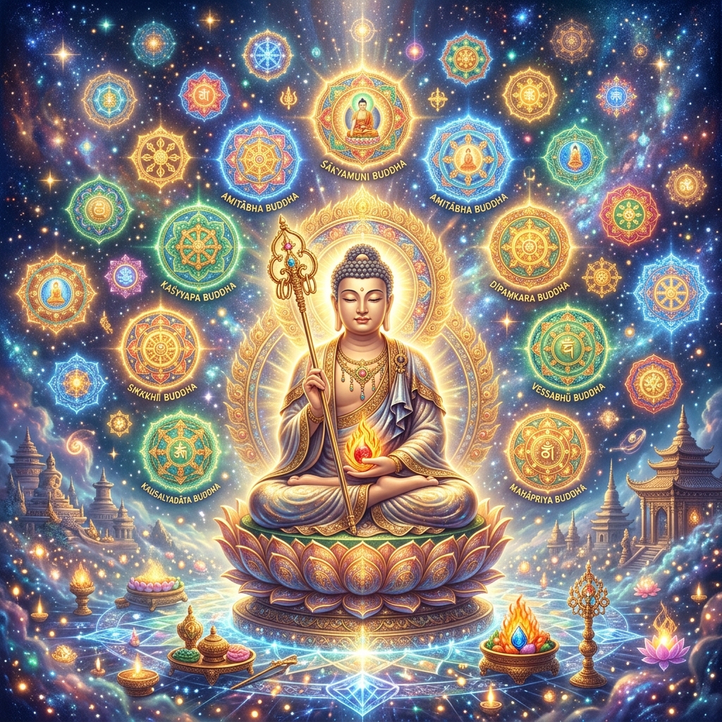 地藏菩薩演說過去諸佛的名號，教導眾生稱念佛名可獲無量功德、免除罪報。