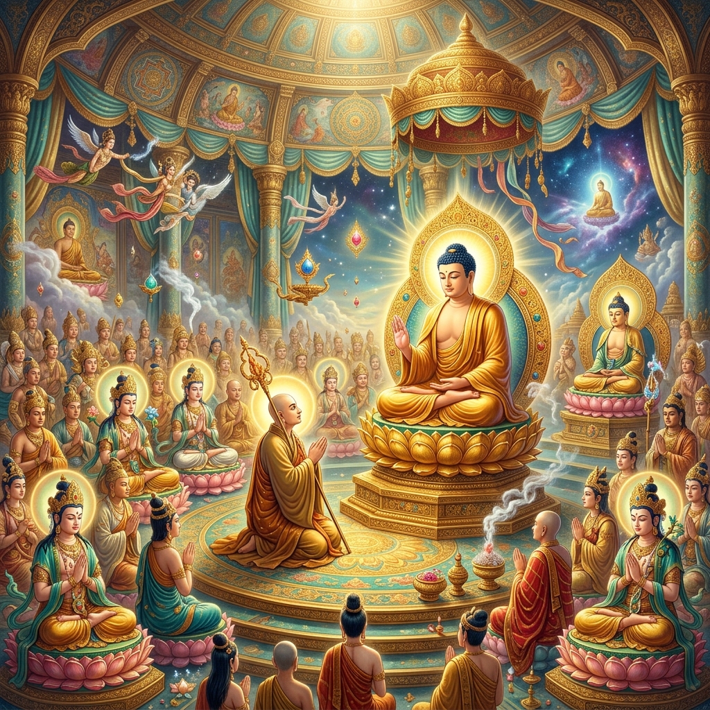 Śākyamuni Buddha vertraut im Palast des Trāyastriṃśa-Himmels die Menschen und Himmelswesen des Zeitalters des Niedergangs des Dharma erneut dem Bodhisattva Ksitigarbha an, bis zum Erscheinen des Buddha Maitreya.