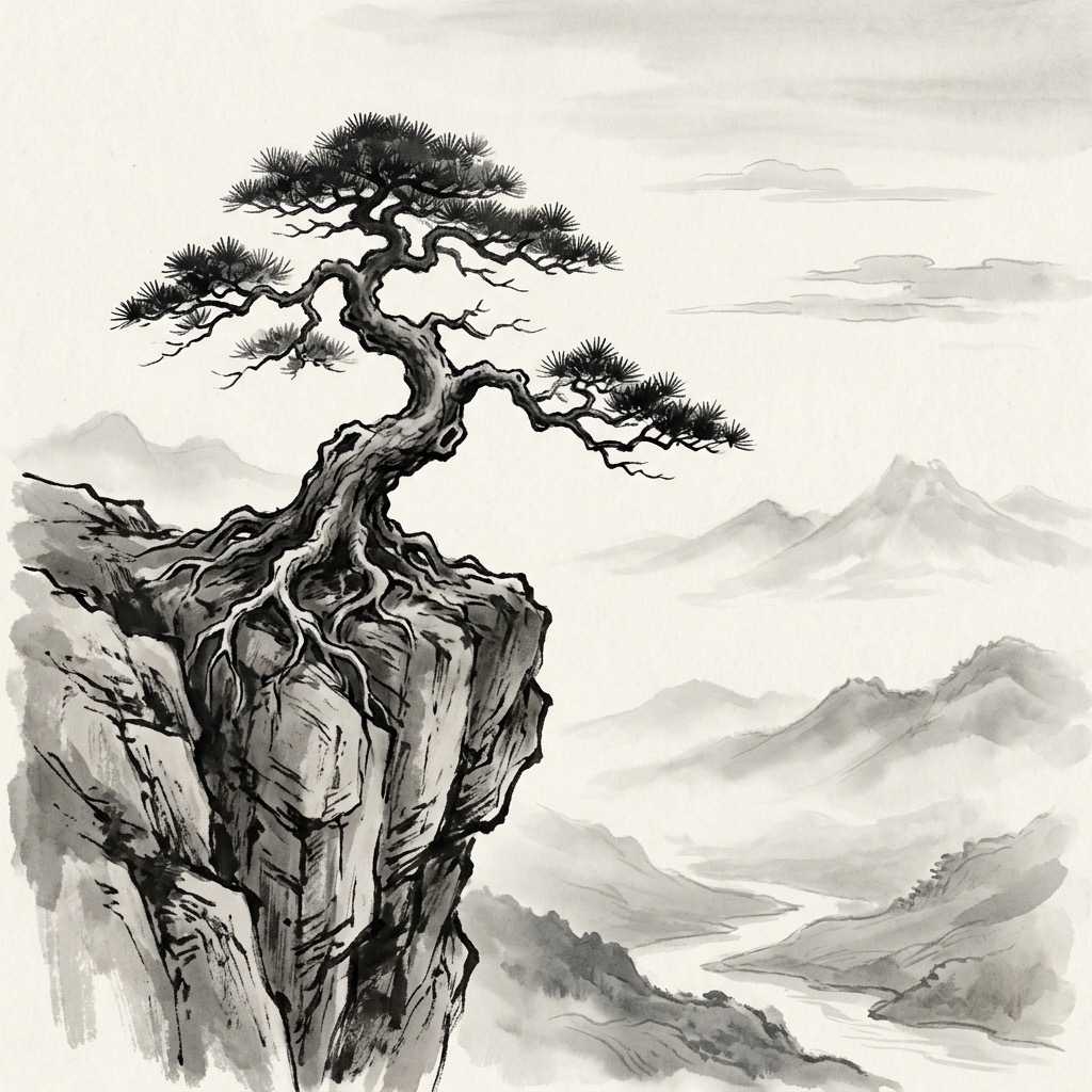 穩重樸實的老樹深根於峭壁之上,象徵大器晚成的厚實德行