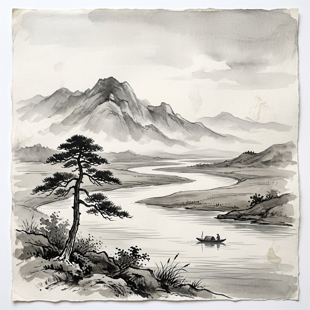 清澈天空下的寧靜壯麗山水,展現萬物歸於和諧的道之境界