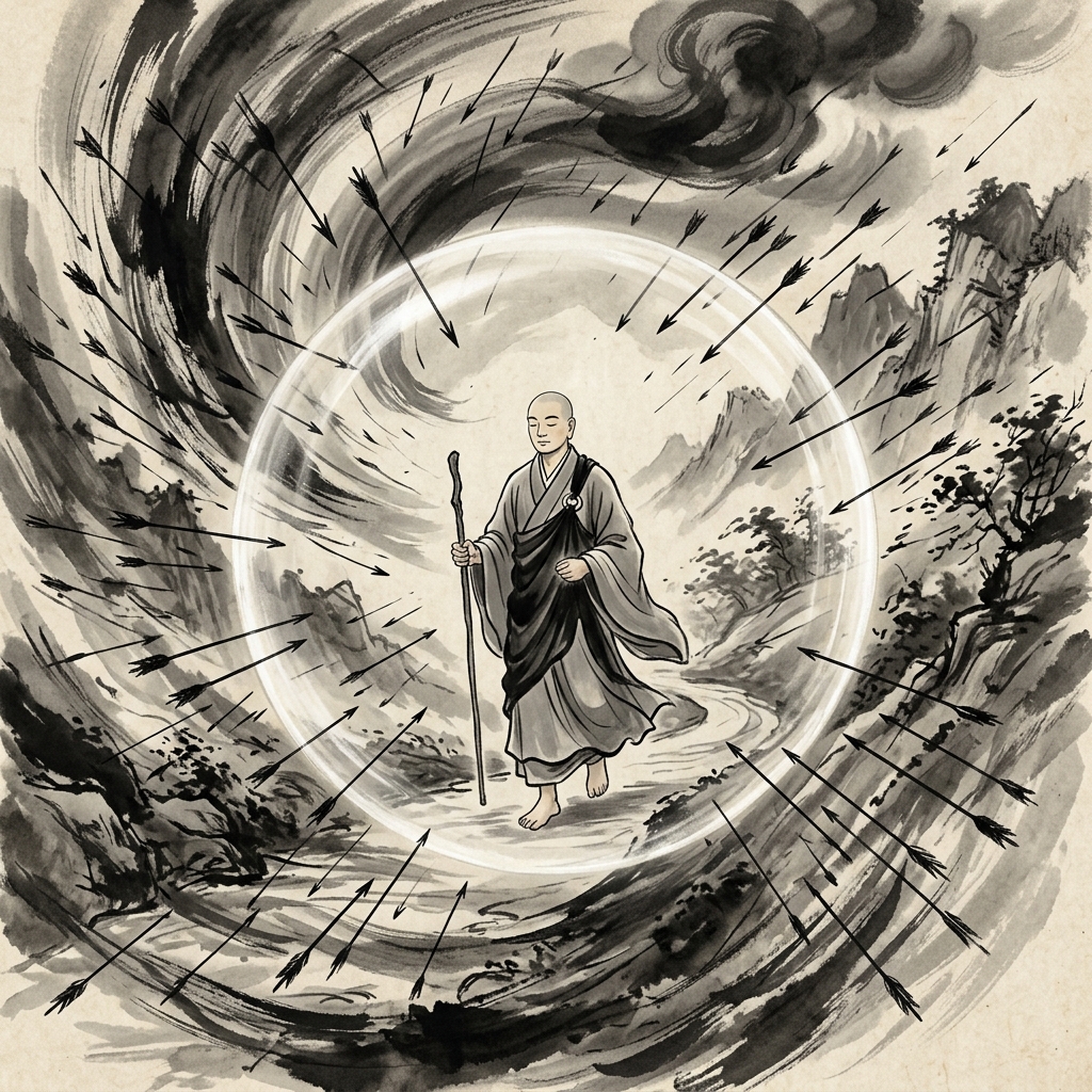 聖人平靜地站立在狂風暴雨中,風雨卻無法傷其分毫,象徵心中無死地的生命智慧