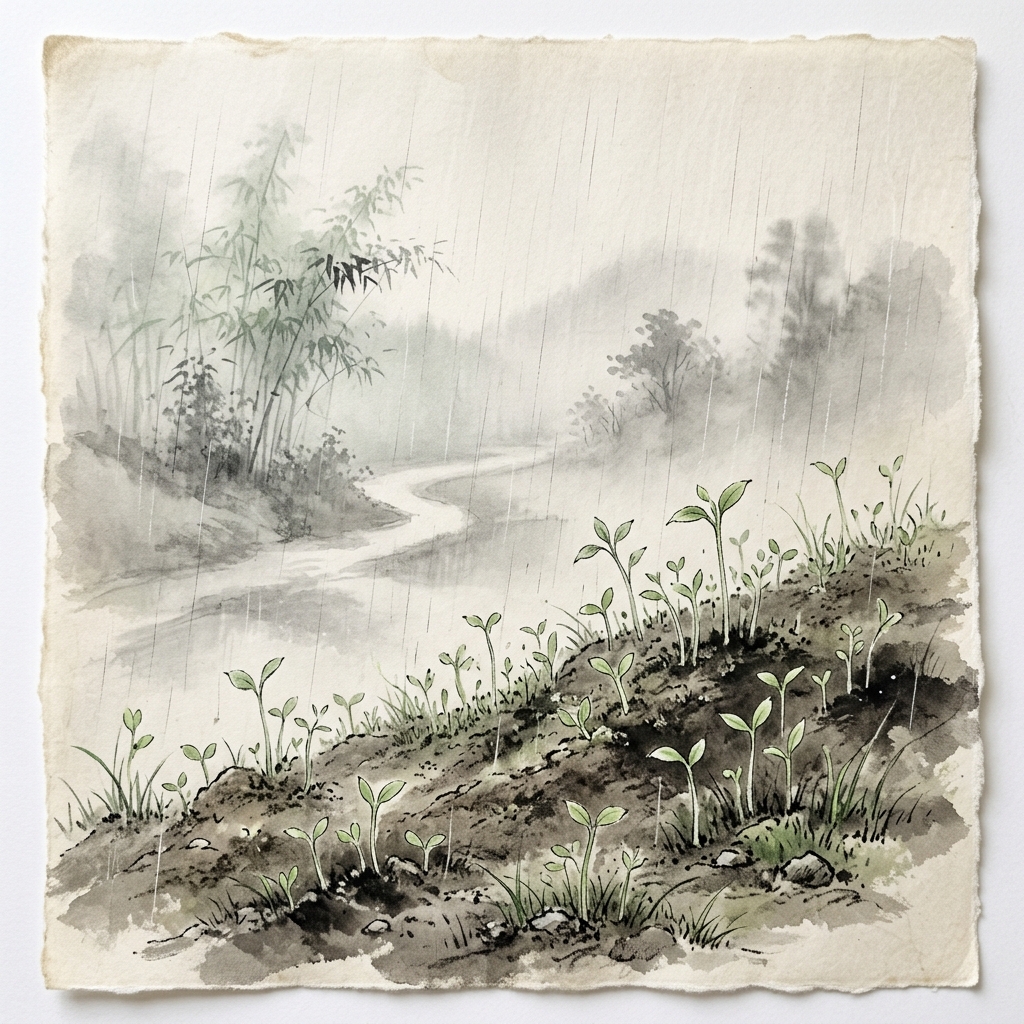 春雨無聲地滋潤著破土而出的幼苗,體現道生萬物而不佔為己有的玄德