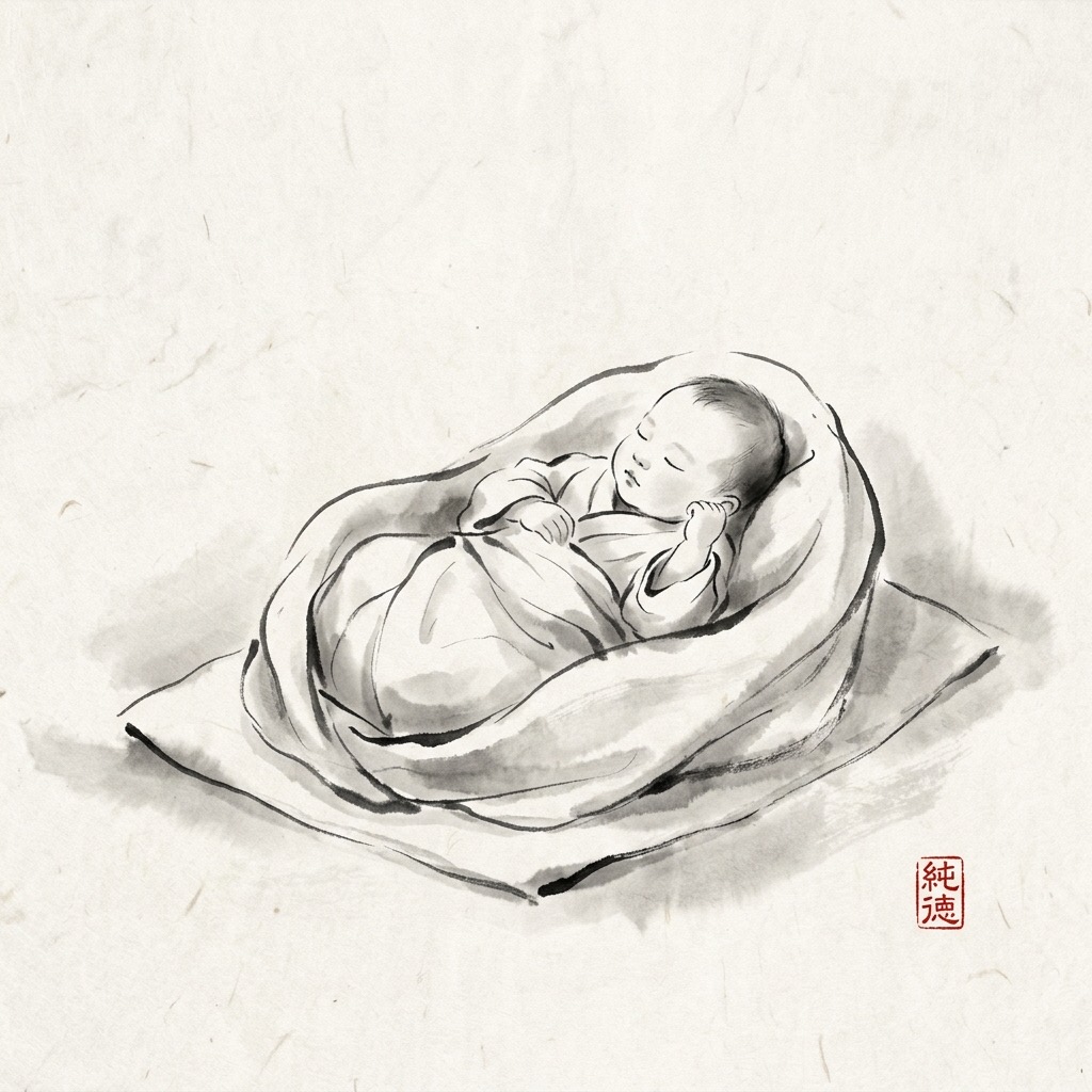 熟睡中握緊雙拳的小嬰兒,展現充滿生機且與萬物和諧的純真德行