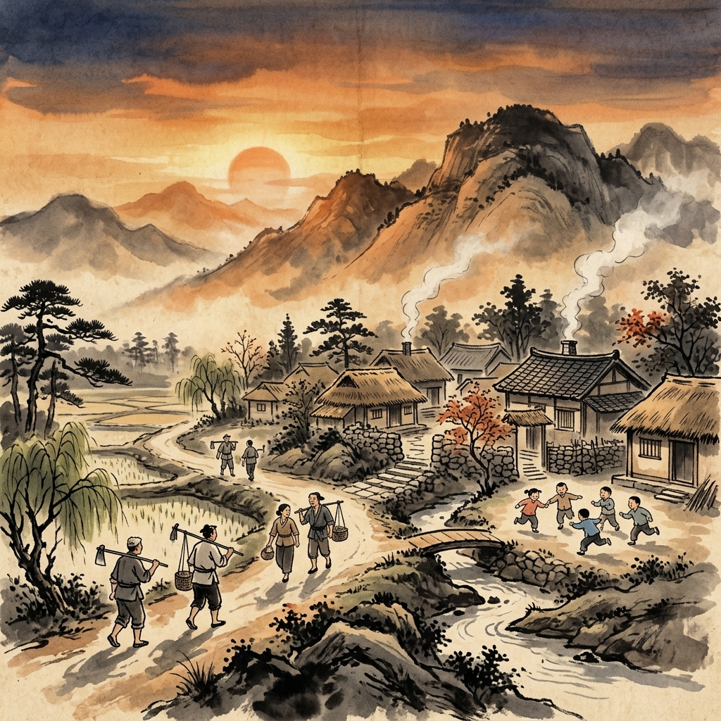 農民在夕陽下怡然自得地勞作,體現君主無為治理下百姓的安樂生活