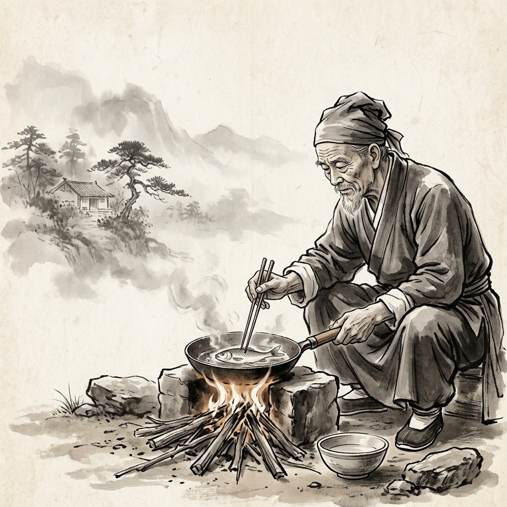 一位老者正小心翼翼地在小火上煎一條小魚,動作輕柔謹慎,象徵治理大國應避免過度幹預