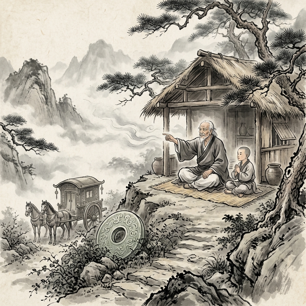 一位長者安坐於簡樸的草堂中,向來訪者傳授無形的智慧,背景是華麗的馬車與玉璧被置於一旁,象徵道比世俗財富更珍貴