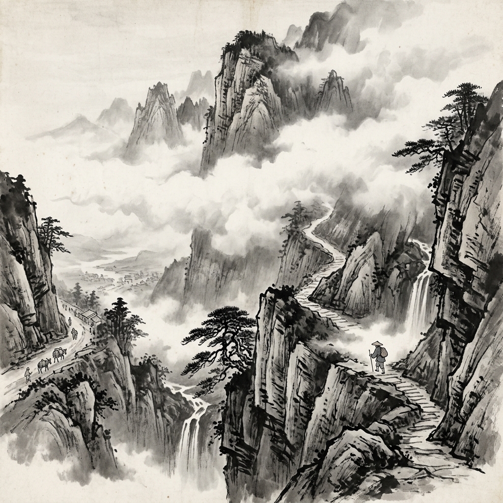 一條隱秘的小徑通往雲霧深處的高山,路徑雖然曲折且與常理相反,卻通向最終的和諧,展現玄德的深奧