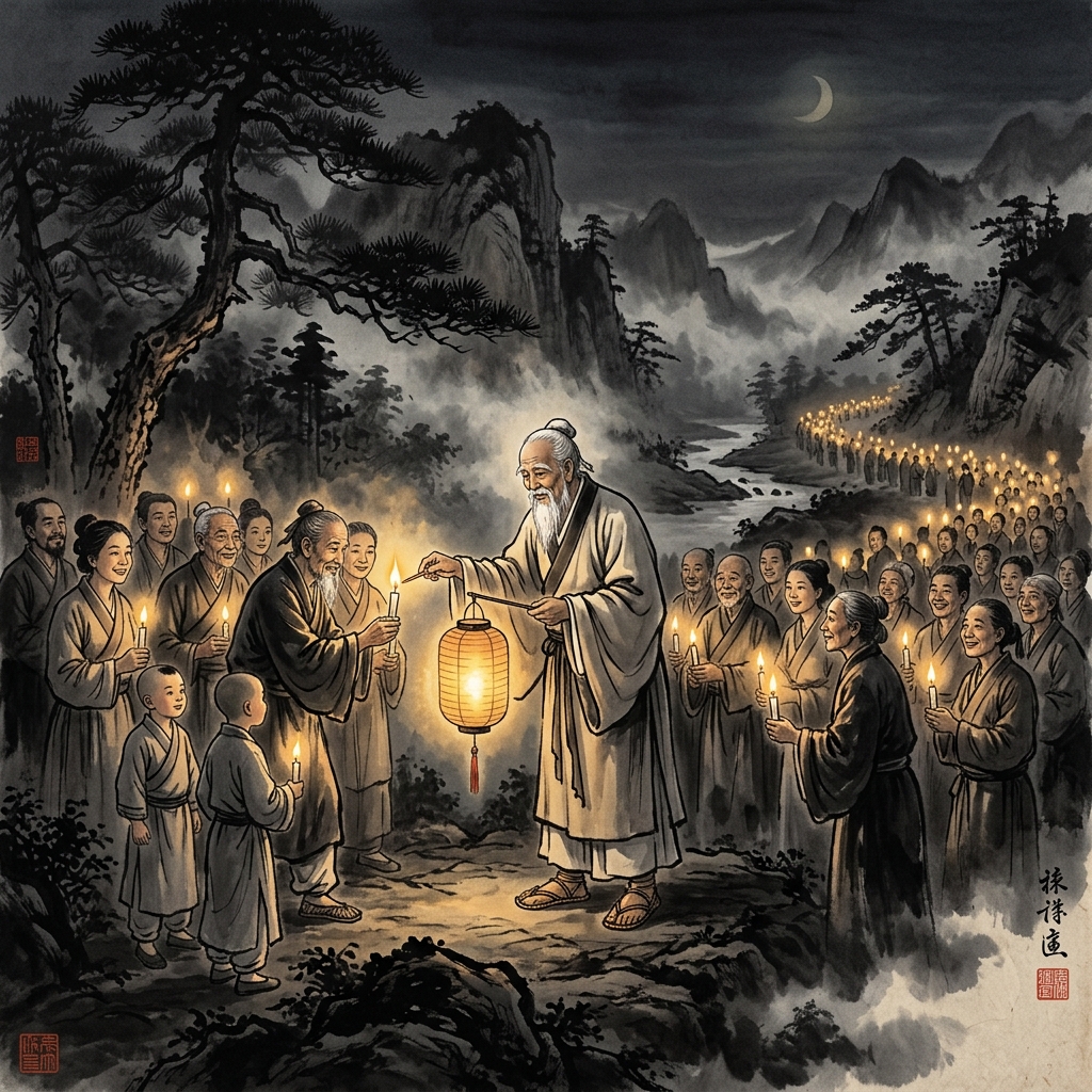 聖人將手中的明燈分享給周圍的人,火光反而因此更加明亮燦爛,象徵給予他人反而讓自己更豐富