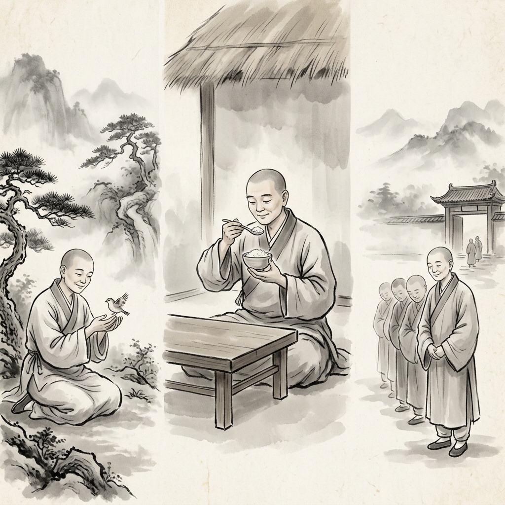 一位長者輕柔地救助受傷的小鳥(慈),身著補丁衣服卻神情安詳(儉),並在人群中默默跟隨(謙),體現人生三寶