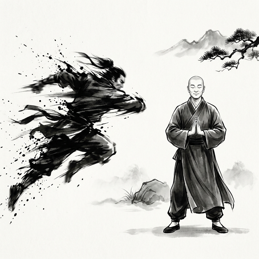 一位氣定神閒的武者在對手的猛烈攻勢前巋然不動,展現不與人爭、以柔克剛的最高德行