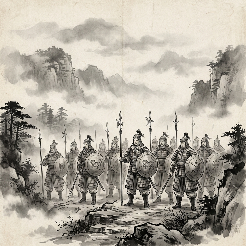 士兵們在邊境守衛,神情嚴肅卻不帶敵意,採取守勢而非攻勢,象徵用兵之道在於不得已而為之、以退為進