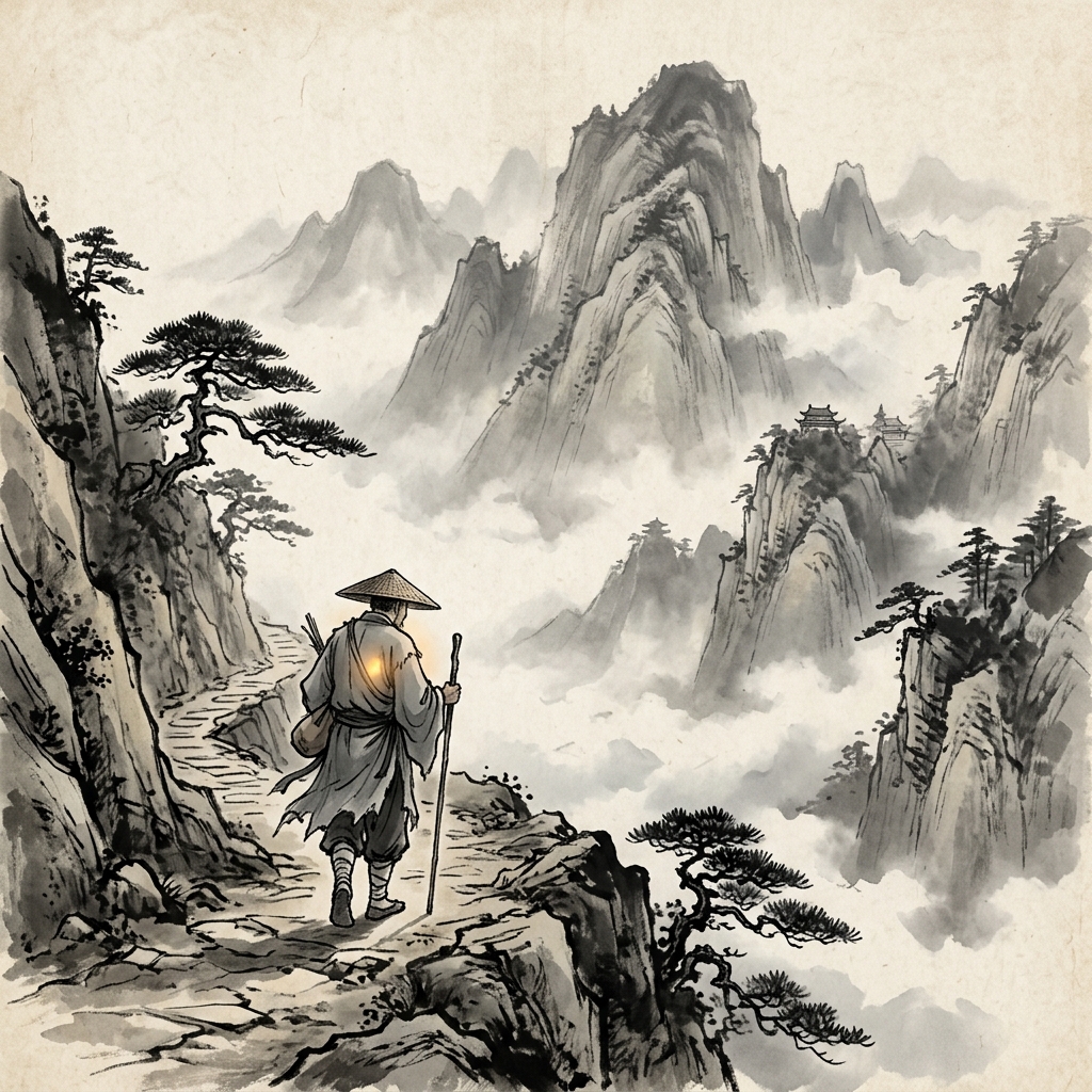 穿著簡陋粗布衣服的行者走在山間,懷中隱約透出一絲美玉的純淨光芒,象徵聖人外表平凡卻內含珍貴品德
