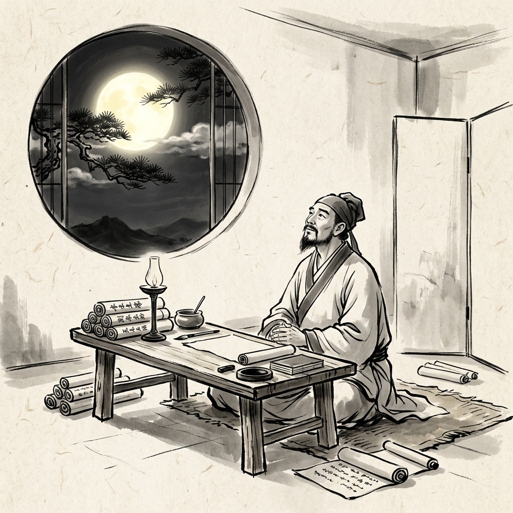 學者在浩瀚書卷前停下筆,看著窗外的明月若有所思,體現知己之不足、不斷自我反省的智慧