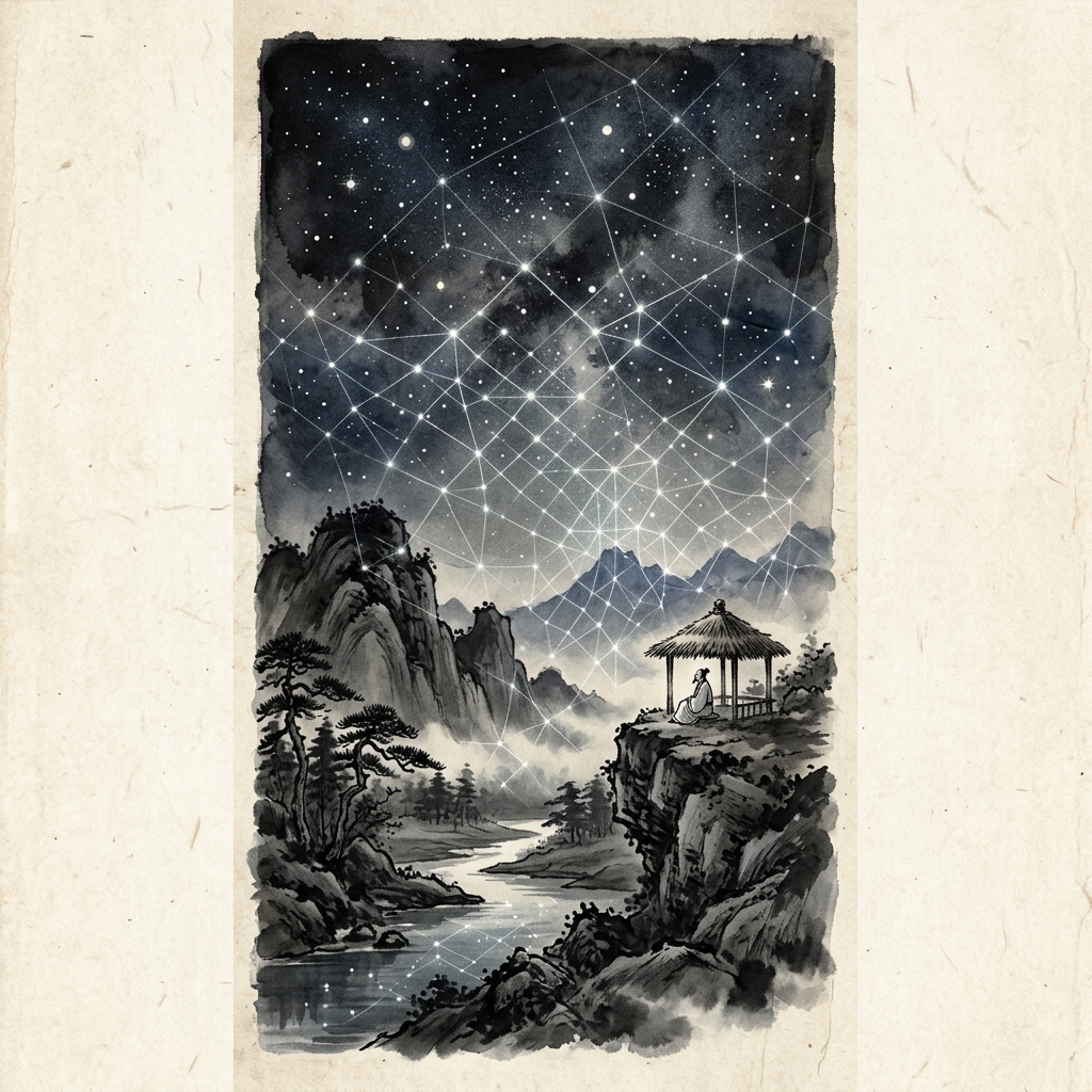 繁星點點的夜空下,一張若隱若現的光網籠罩著大地萬物,象徵自然的法則廣大無邊且無所遺漏