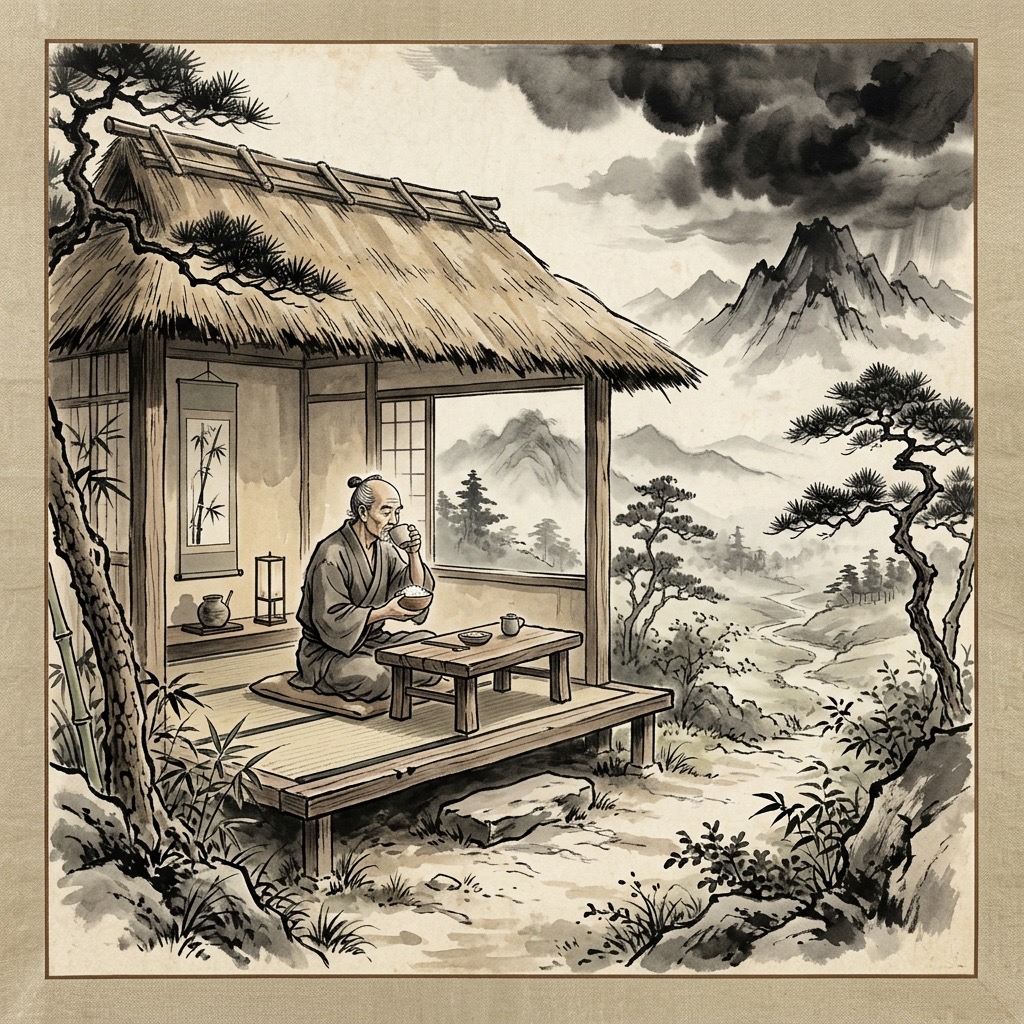 簡樸的學者安坐於簡陋草堂中,知足於粗茶淡飯,背景中象徵貪婪的烏雲被隔絕在外