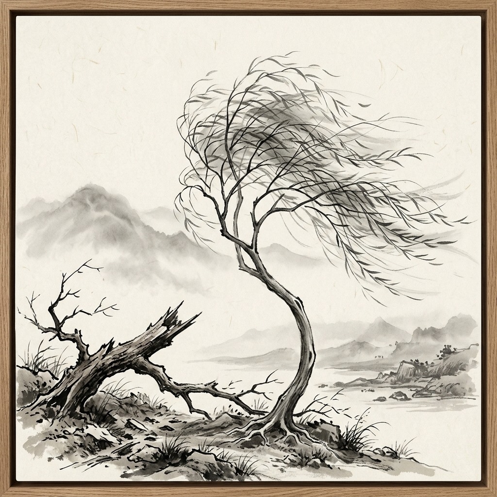 柔嫩的柳樹在強風中優雅彎曲,身旁堅硬枯乾的橡木枝條卻應聲折斷