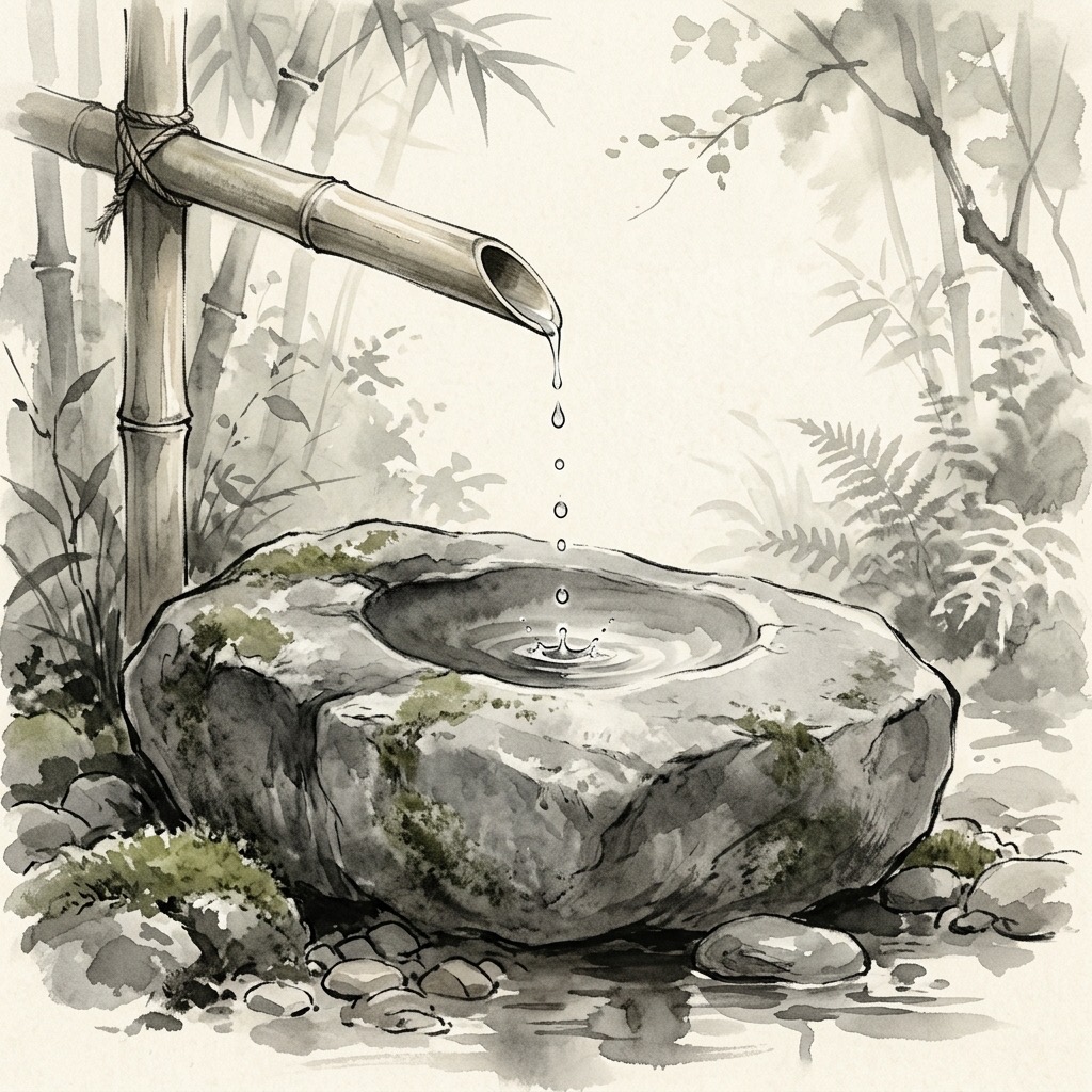 清澈的水滴從竹管穩步滴落在堅石上,天長日久竟在硬石中磨出平滑的凹痕