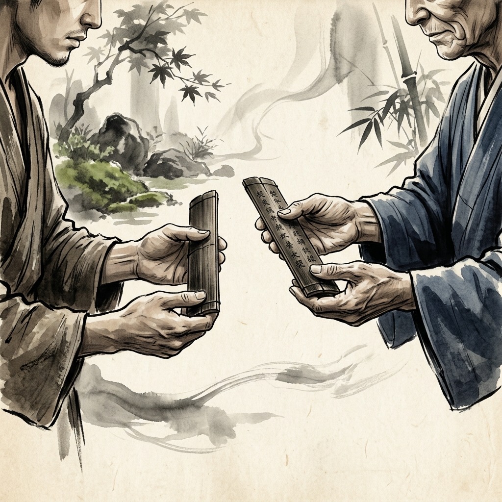 聖人的雙手平靜地握著分開的竹製契約,象徵主動承擔責任而不責求於人