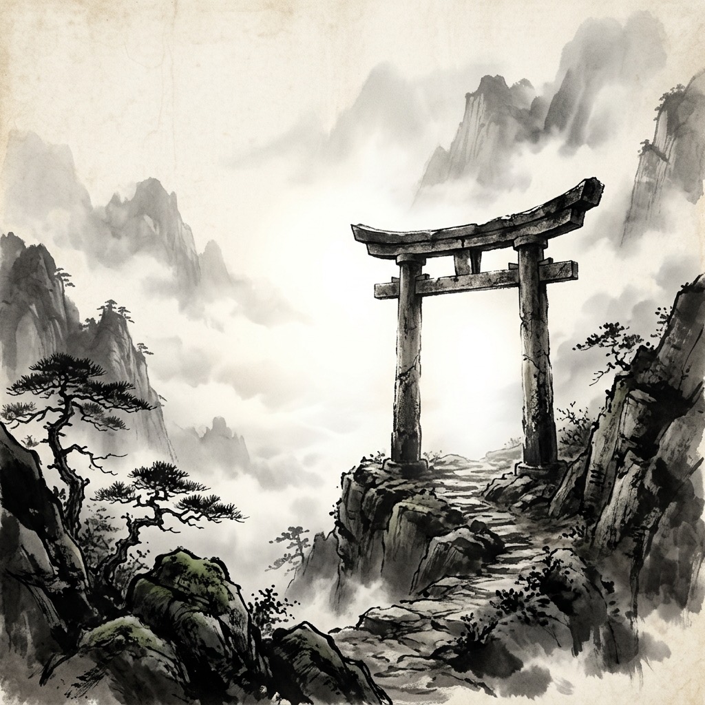 高山雲霧中的古老石門透出深邃而神祕的微光,象徵通往萬物奧妙的大門