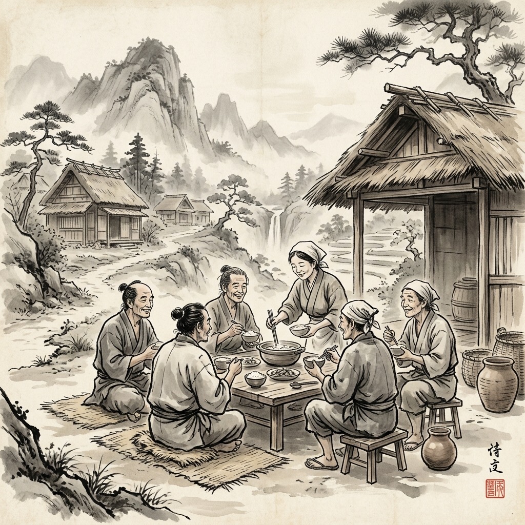 淳樸的村民在田野間共享簡單的午餐,臉上充滿知足與平和,毫無競爭與貪慾