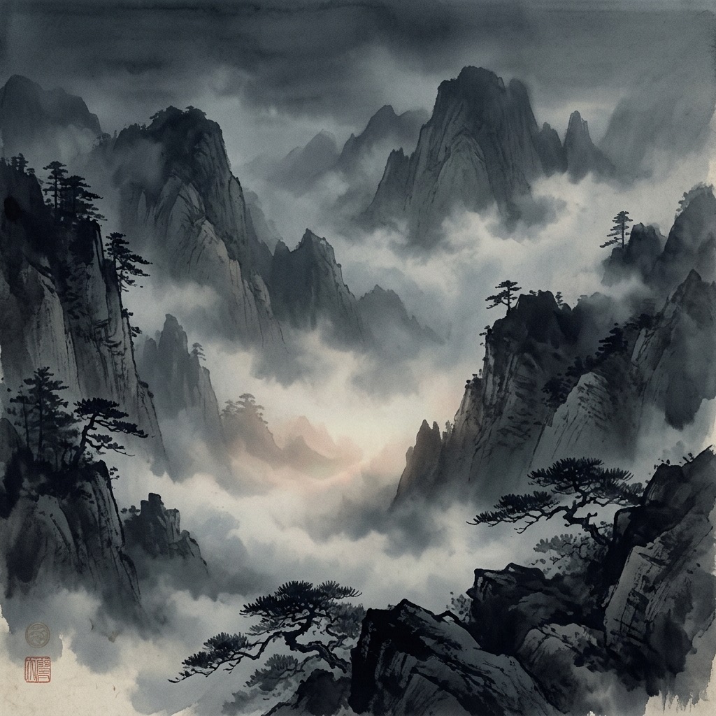 深邃的山谷被重重雲霧環繞,谷底隱約透出神祕的光芒,象徵萬物生長的母體