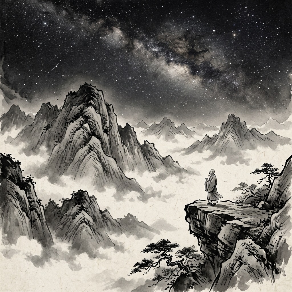 浩瀚星空下的壯麗群山綿延不絕,山巔上的行者渺小卻與大自然的永恆合而為一