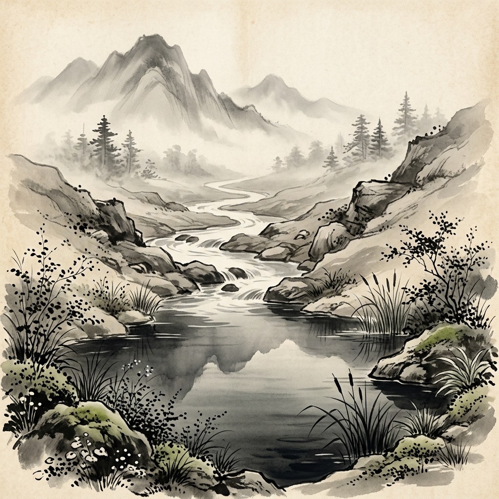 蜿蜒的溪流順著山勢流向低窪處的小潭,靜靜地滋養著岸邊盛開的野花與草木