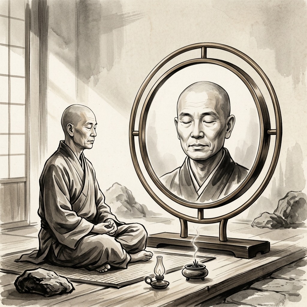 入定中的修行者面前置一古鏡,鏡中倒映出其纖塵不染、極其平靜的靈魂面貌