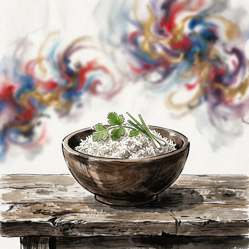 粗茶淡飯的木碗與背景中迷亂繽紛的色彩形成對比,強調守護內在充實而非外在虛榮
