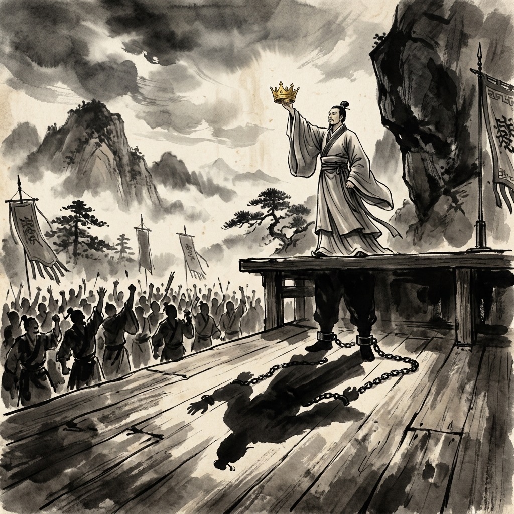 一位身著華服的人站在高台上接受眾人歡呼,但其背後的影子卻被沉重的金鎖鏈所束縛,象徵寵辱皆是負擔