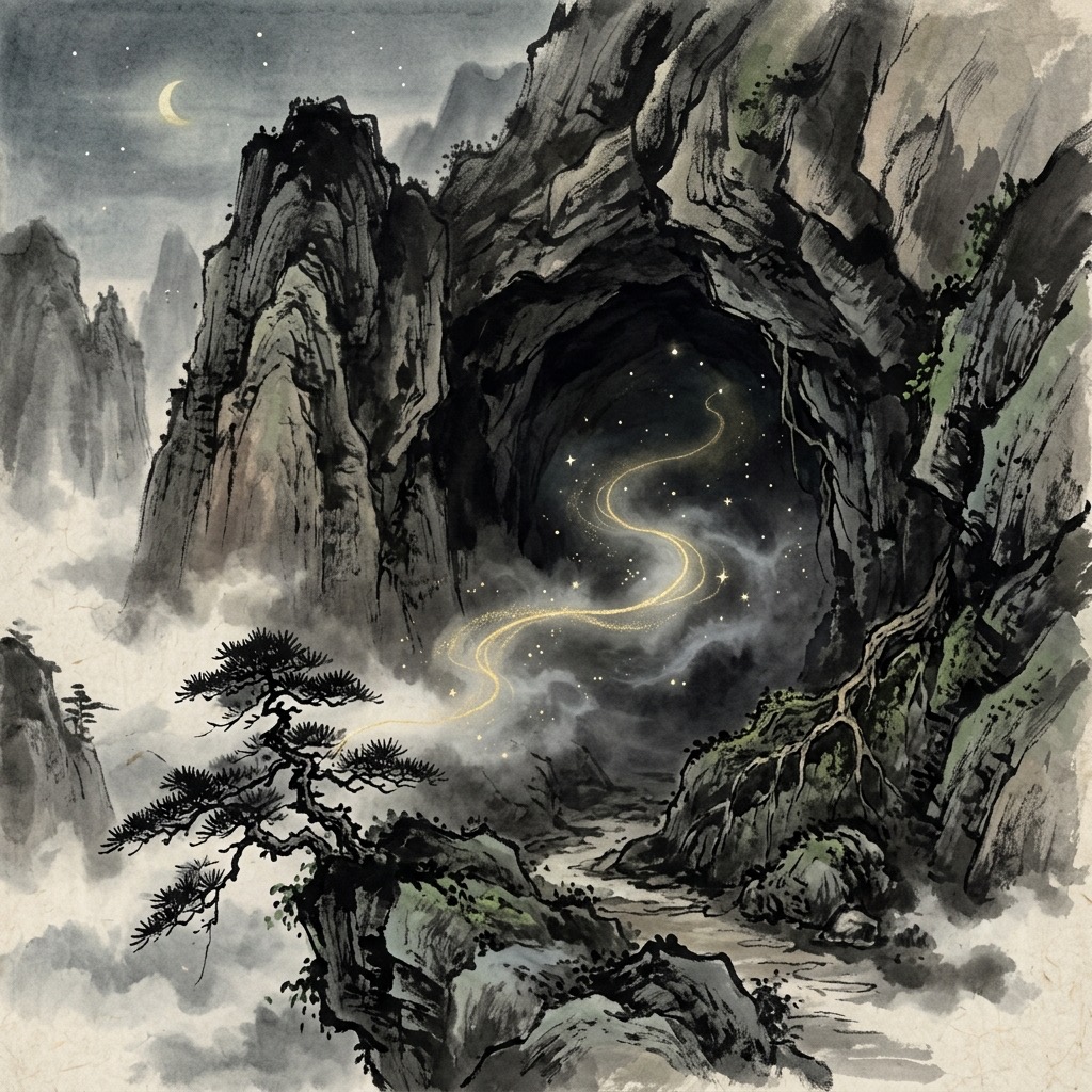 星辰與雲煙在深山古洞中交織成一個微弱而永恆的光點,引領出一條穿越時空的纖細絲線,象徵追溯萬物原始的脈絡