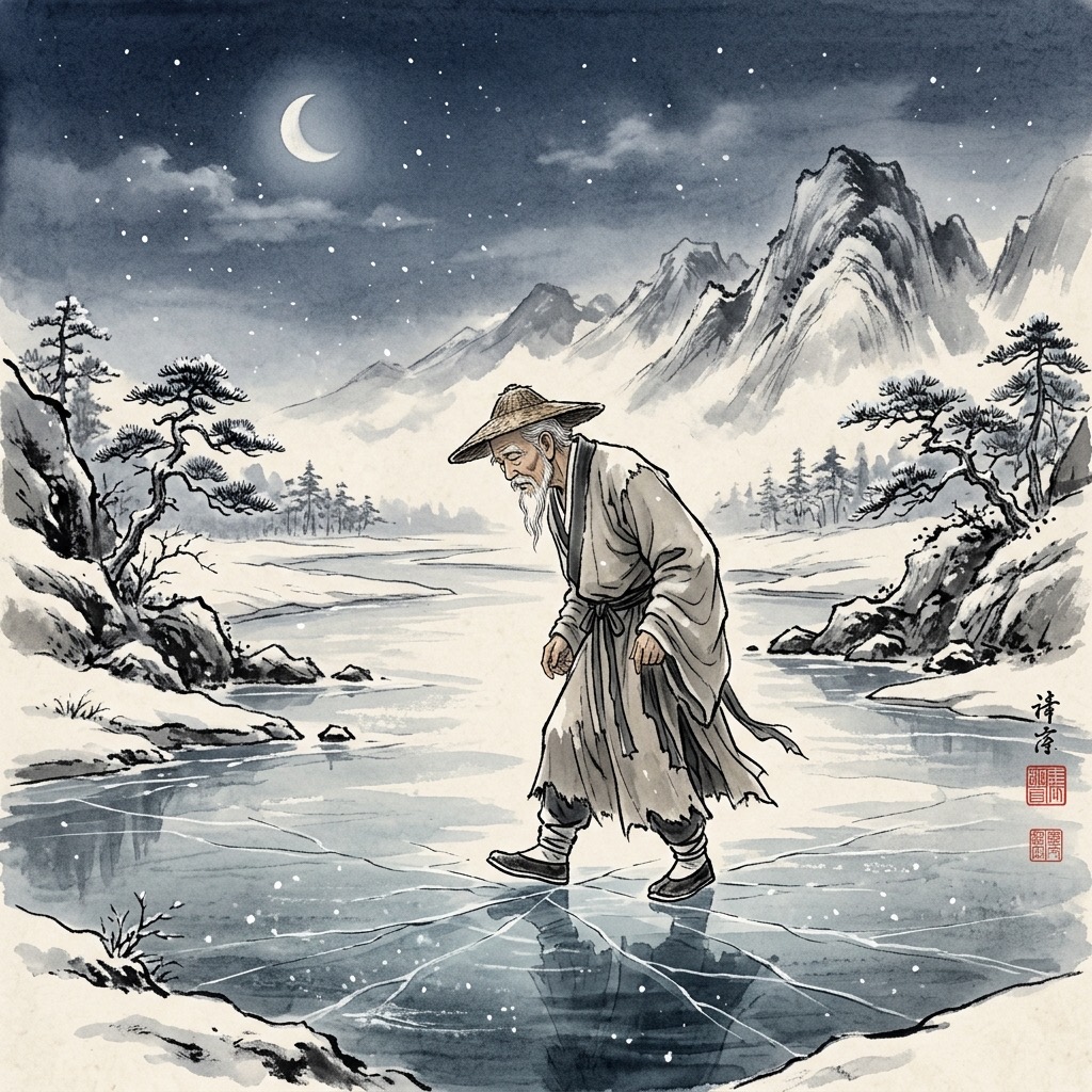 在寒冬的月色下,一位行者正輕手輕腳地行走在結冰的河面上,神情專注且充滿敬畏,展現如冰融木樸般的虛靜修為