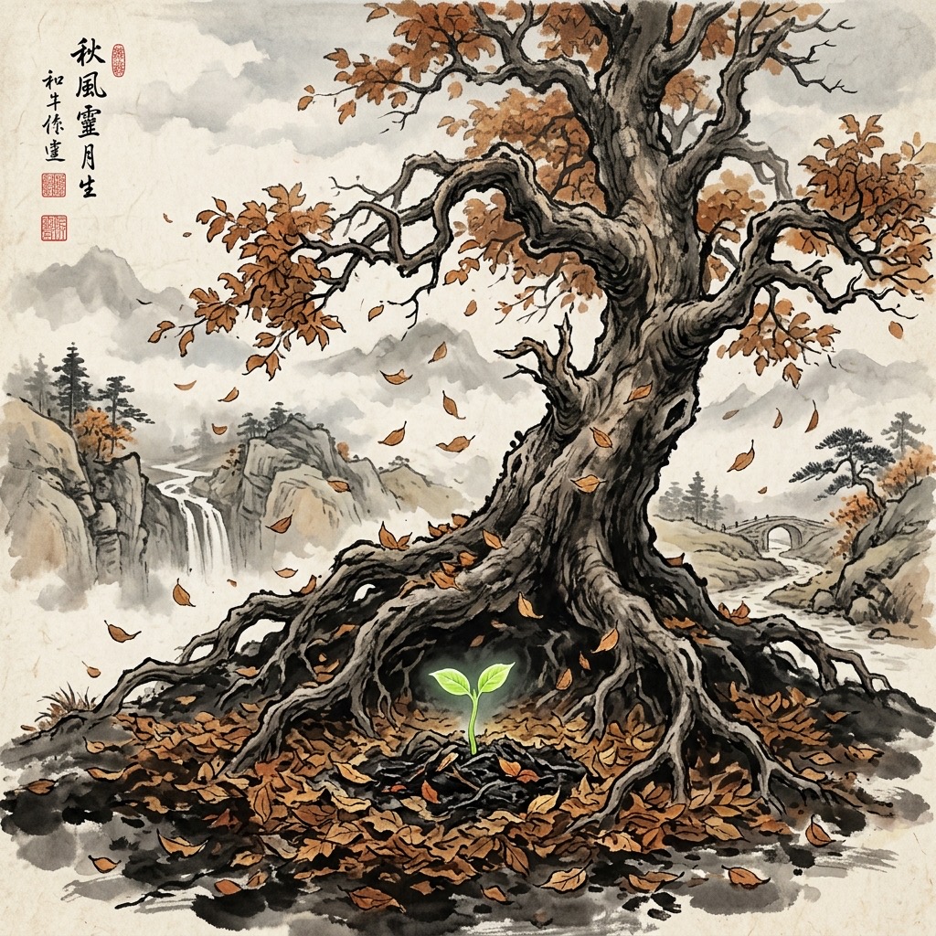 秋葉靜靜飄落在參天古木的根部,在泥土中化為養分,中心處一株嫩芽正破土而出,象徵萬物循環回歸本源的生命規律