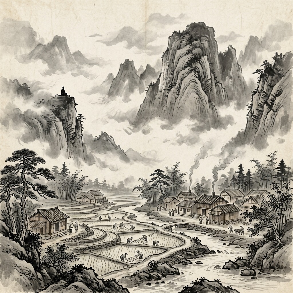 遠處山巔上的老者靜坐觀照,下方山谷裡的村落炊煙裊裊、百姓安居樂業,領導者隱於無形卻讓萬物各得其所