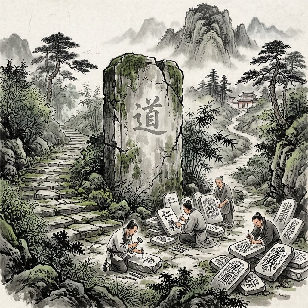 荒野中刻有「道」字的古老石碑已然風化,四周的人們正忙著在小石塊上刻下「仁」、「義」等繁瑣標籤,展現大道廢而後有仁義的寓意