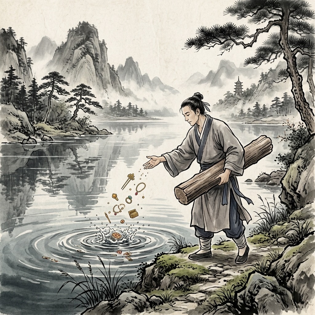 修行者將滿手的金飾玉器投入清澈湖水中,轉而抱起一塊質樸無華的原木,展現絕巧棄利、回歸本真的決心