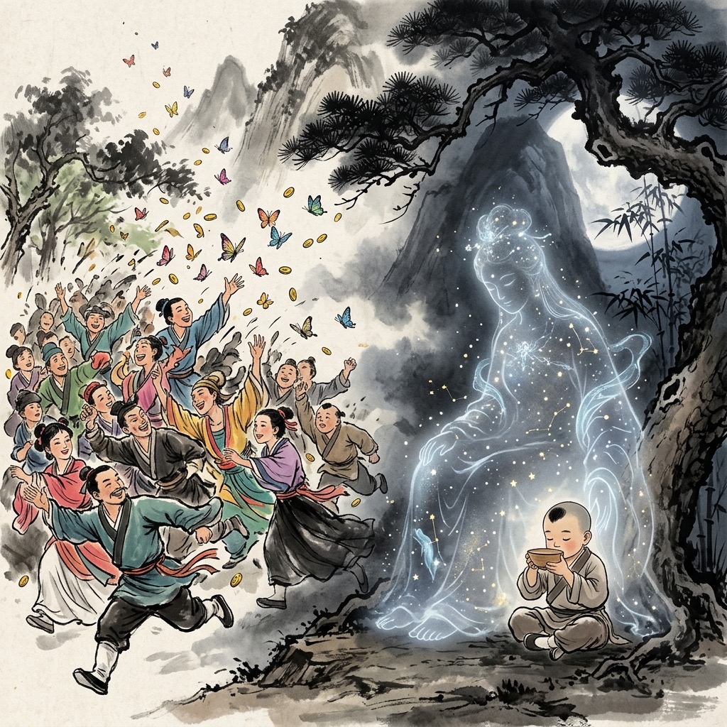 在眾人追逐繁華幻象的喧囂市集中,一位赤子靜靜依偎在代表「道」的神聖母體懷中,象徵守護生命最本質的滋養與根源