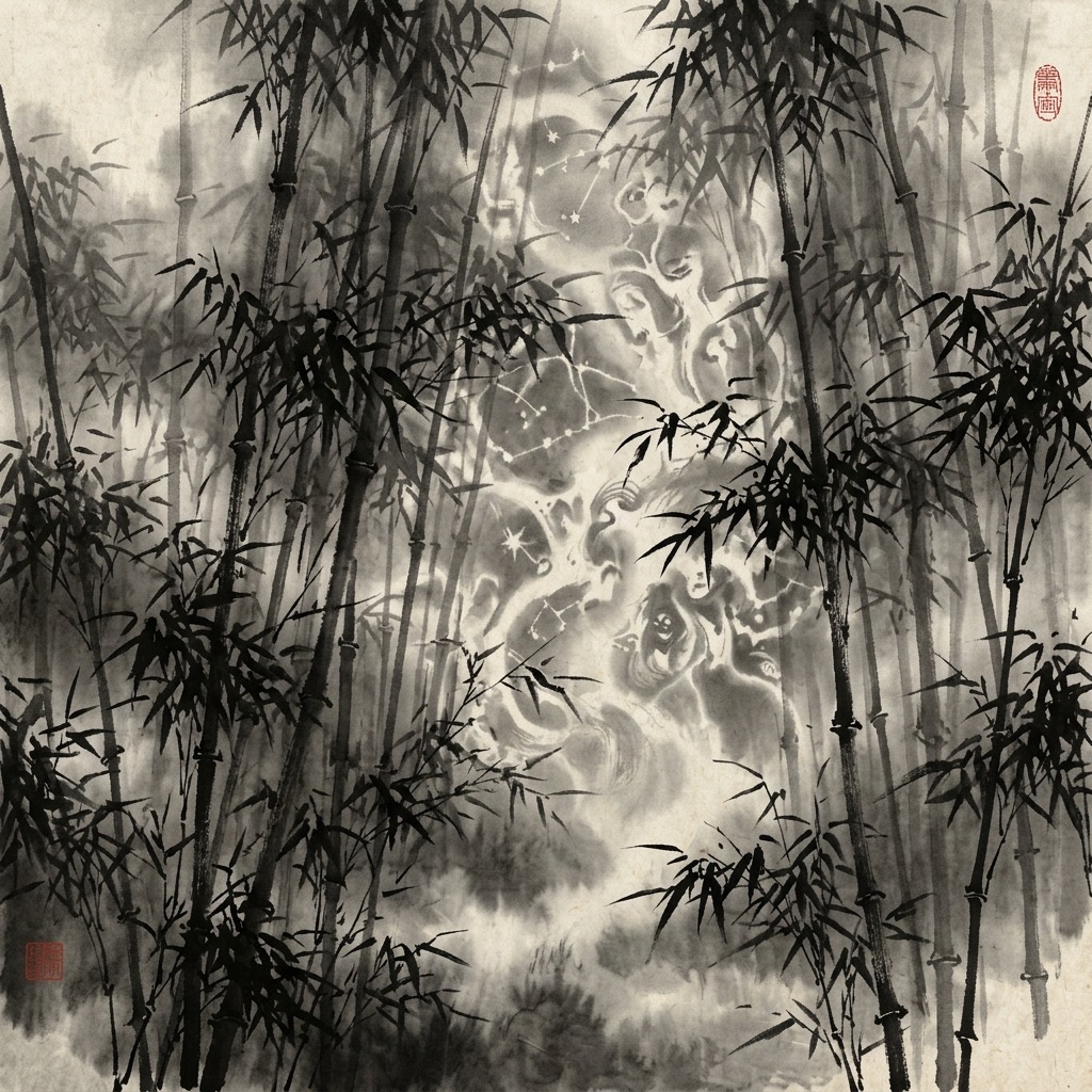 晨霧繚繞的竹林深處,光影交錯間隱約浮現出流動的形跡與神祕符號,體現道之恍惚幽深中仍有真切的信息與規律
