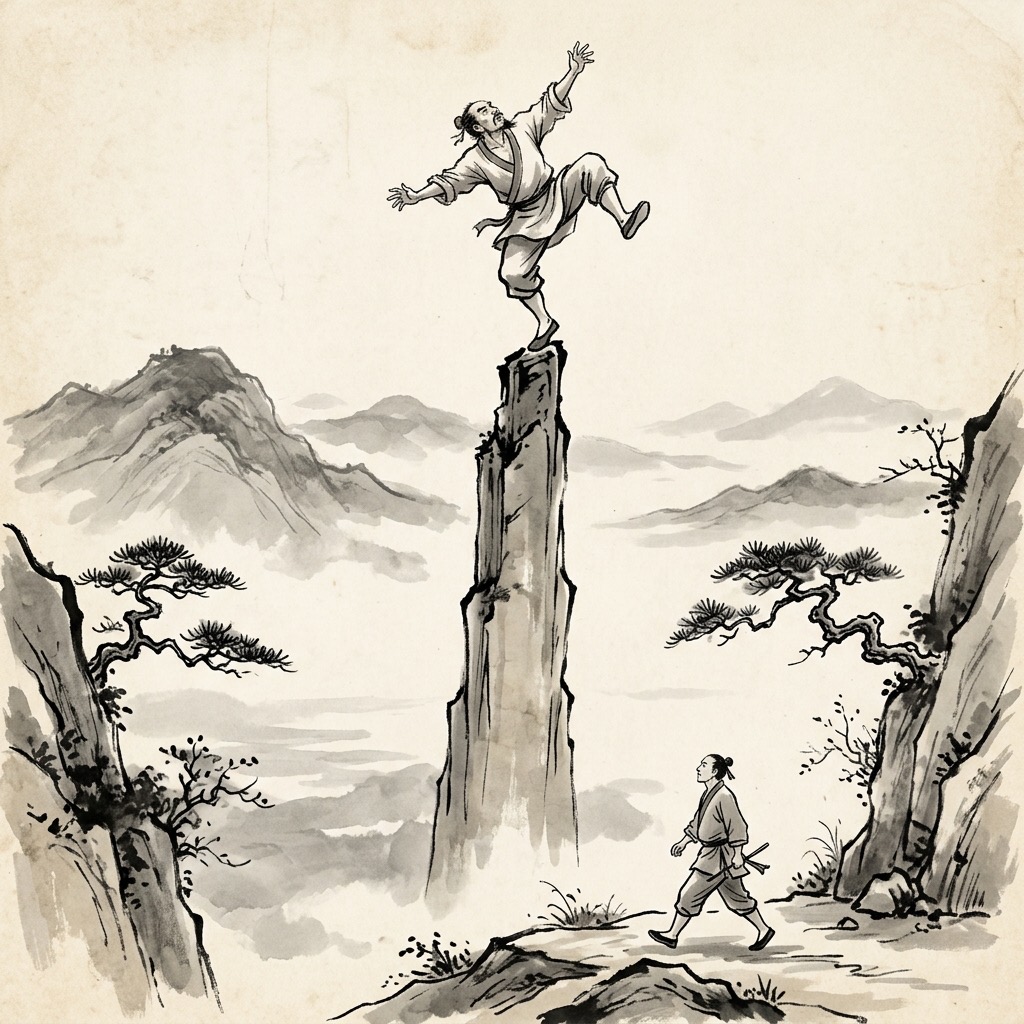 一人在石柱頂端拚命踮腳試圖拔高,身形搖搖欲墜;另一人則平穩行走於大地,對比虛榮爭功的危險與踏實無為的安穩