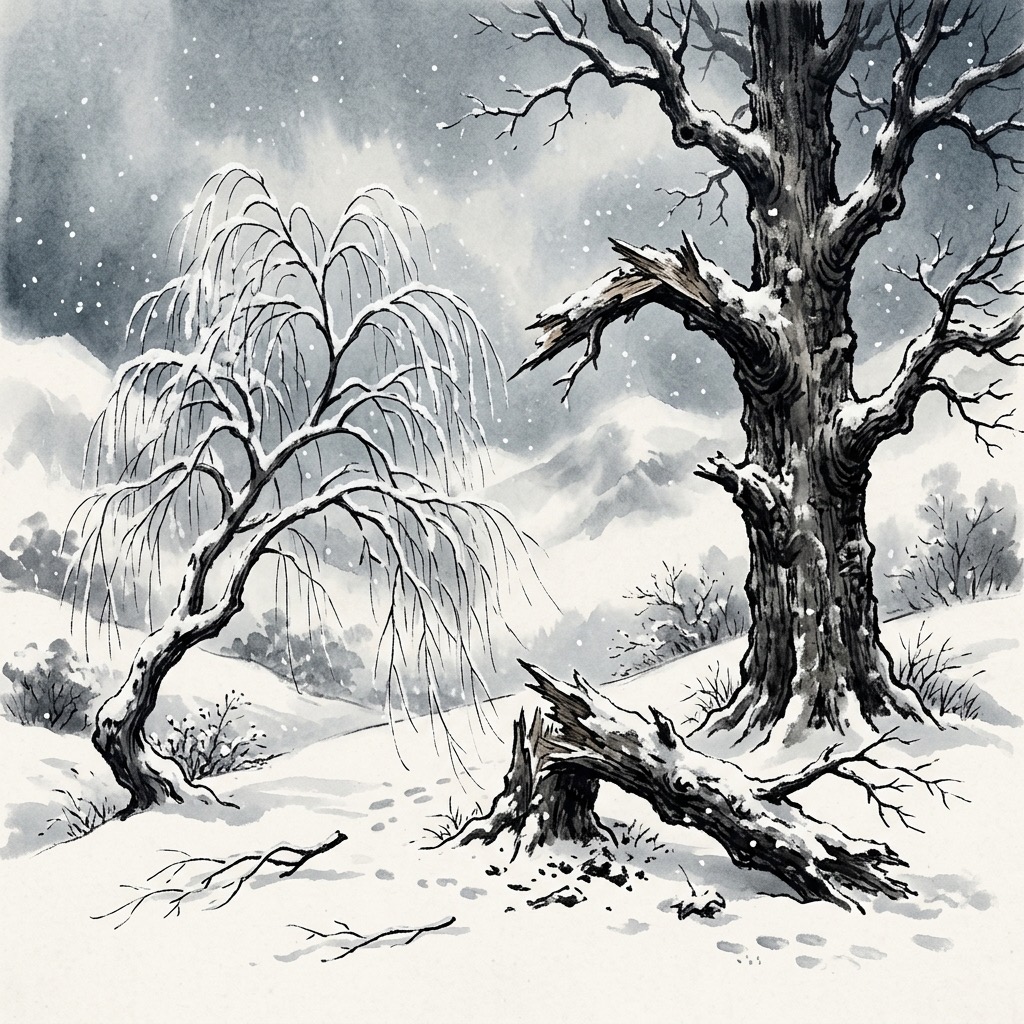 積雪覆蓋下,柔軟的柳枝因彎曲而得以保全,身旁堅硬的橡木枝卻因僵持而折斷,象徵曲則全、柔弱勝剛強的智慧