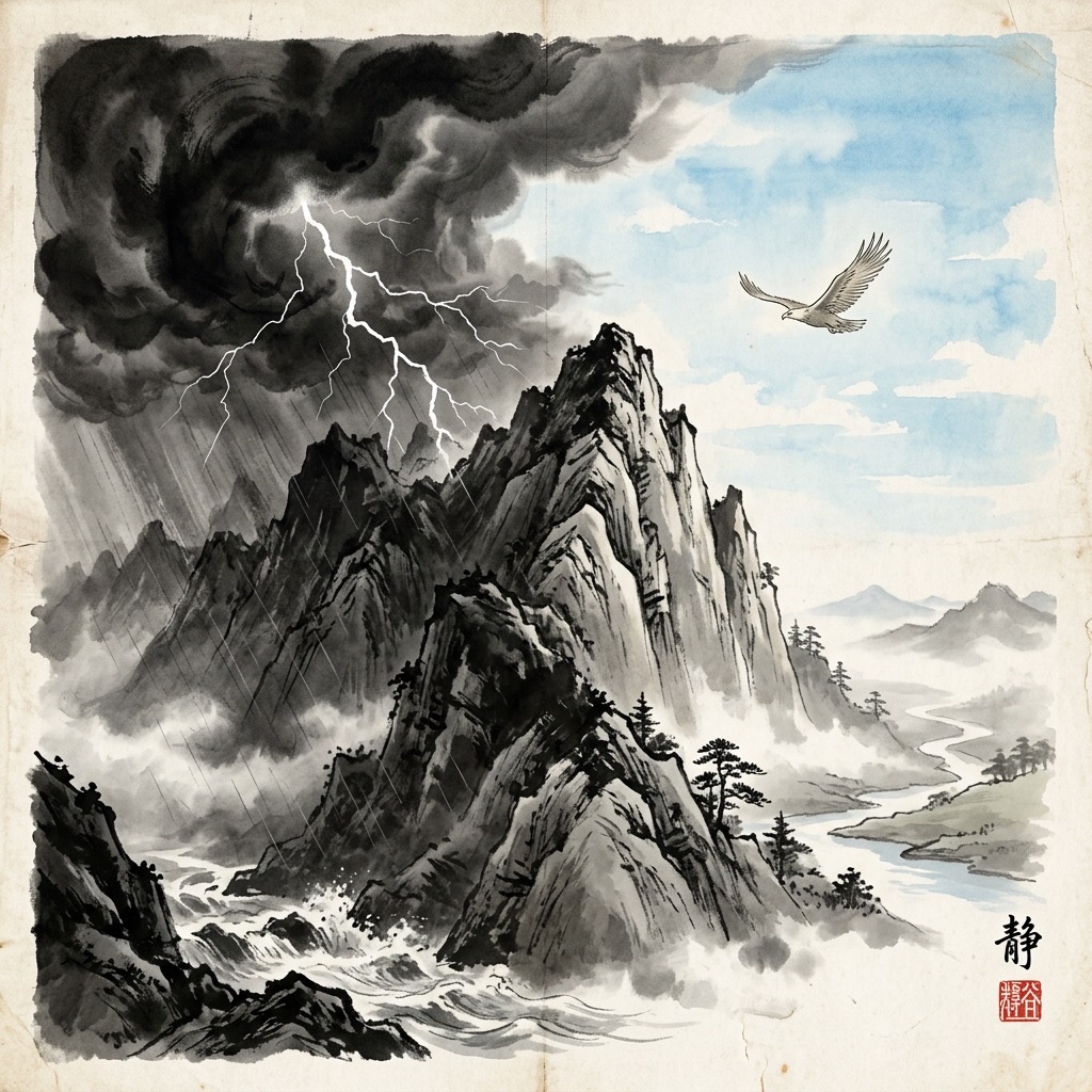 狂暴的雷雨在山巔一閃即逝,隨後便是萬里晴空與孤鷹盤旋,展現飄風暴雨不終日、歸於自然之道的寂靜與永恆