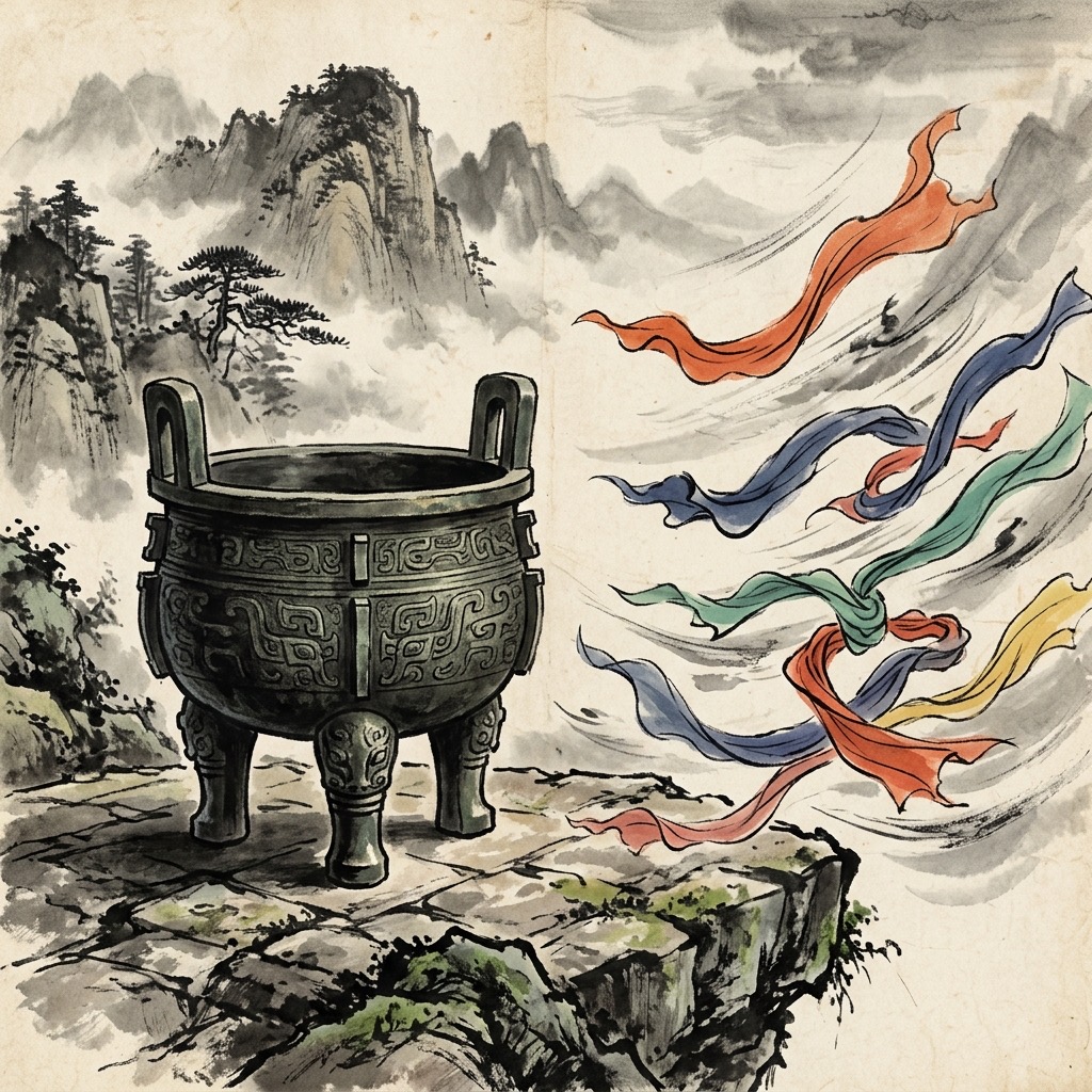 沉穩莊重的青銅古鼎巋然不動,四周輕盈的絲綢卻隨風四散飄零,體現重為輕根、靜為躁君的立身之道