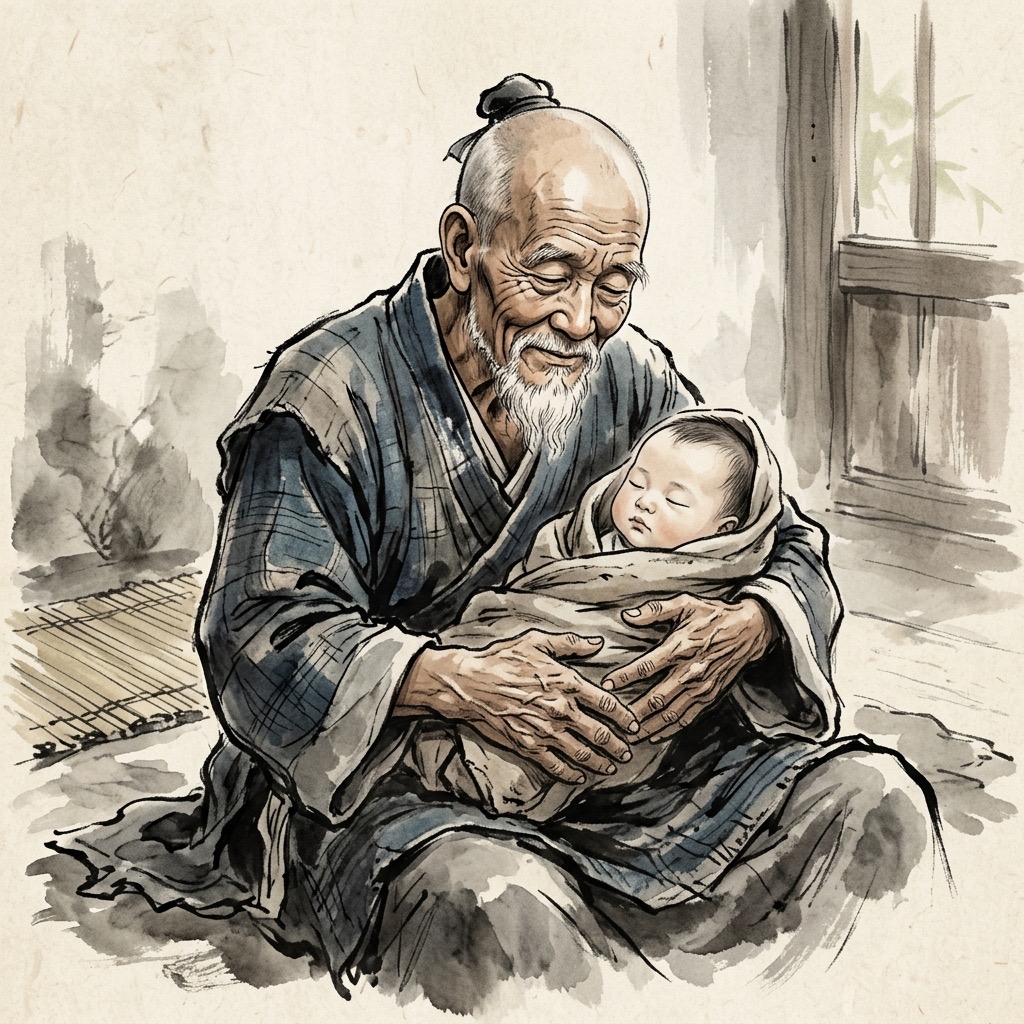 飽經風霜的老者溫柔地抱著沉睡的嬰兒,兩者的臉龐皆顯露出純真與寧和,展現知雄守雌、復歸嬰兒的恆德境界