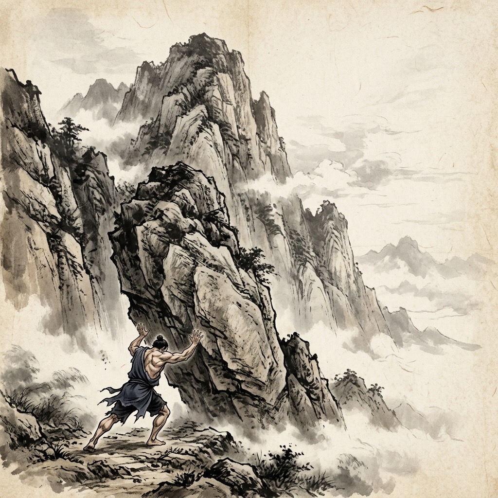 渺小的人影試圖用雙手搬動連綿的高山,卻顯得力不從心且疲憊不堪,對比天下神器不可為之、順應自然的真理